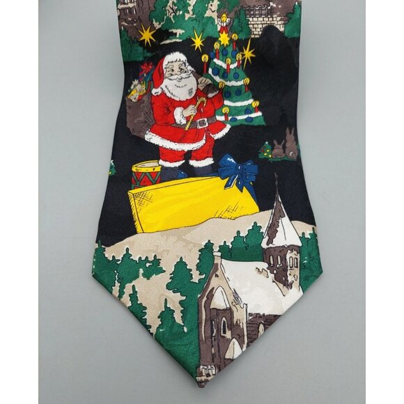 Christmas Holiday Mens Neck Tie 100% Silk Santa Bringing Gifts Black Background - Picture 2 of 6